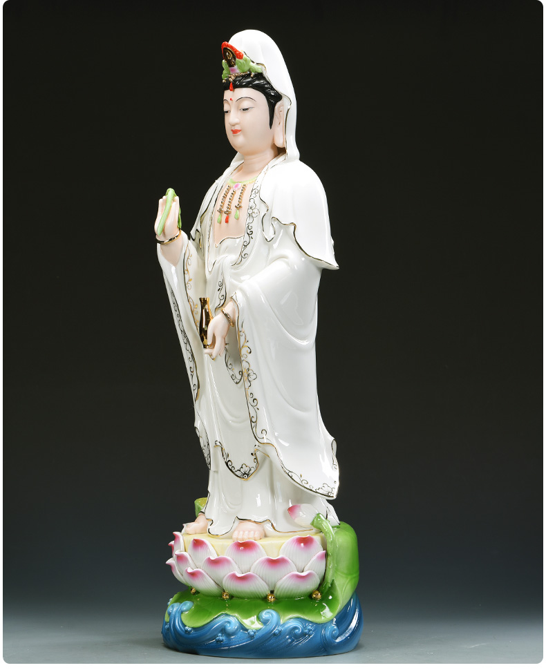 站立莲观音佛像南海观世音菩萨站像陶瓷佛堂供奉观音摆件15寸站莲观音