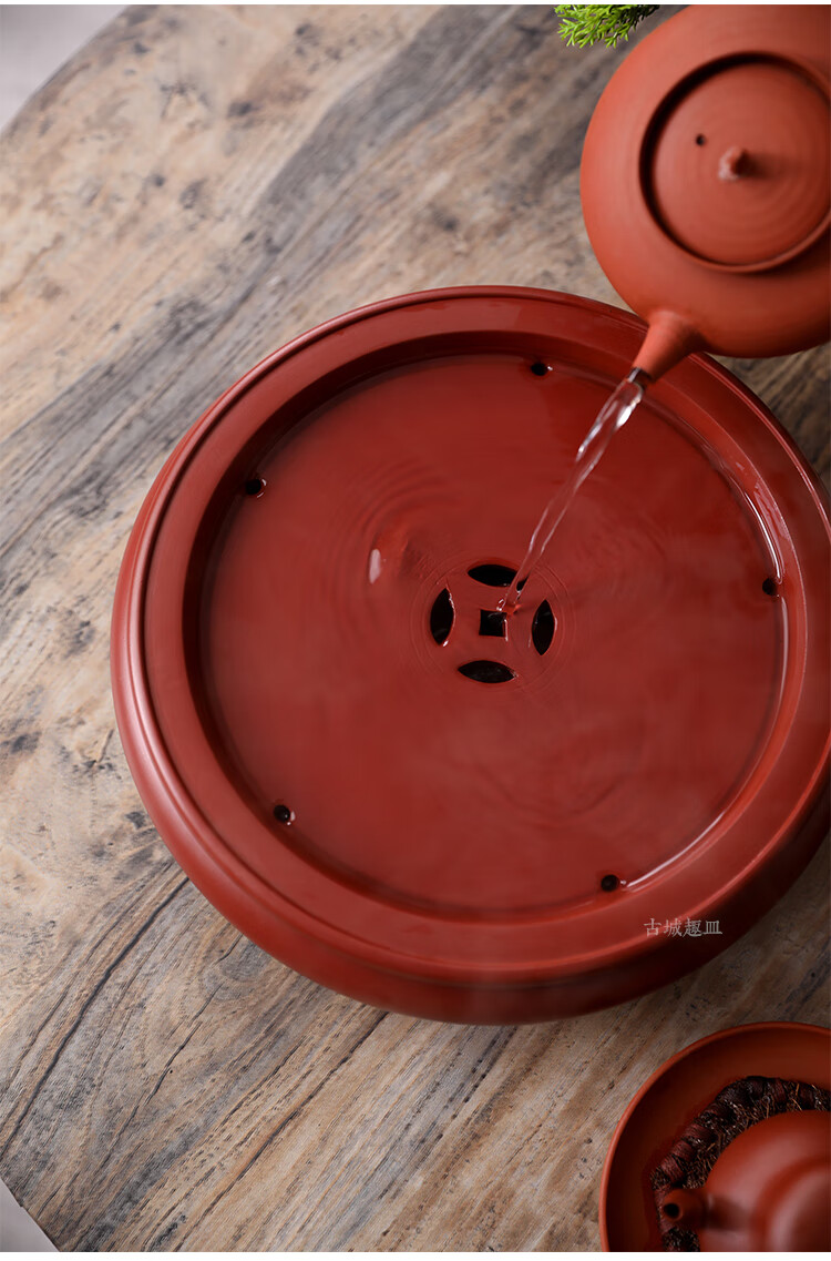潮州茶船潮州10寸传统朱泥圆形家用茶盘手工双层储水式干泡台茶道茶船