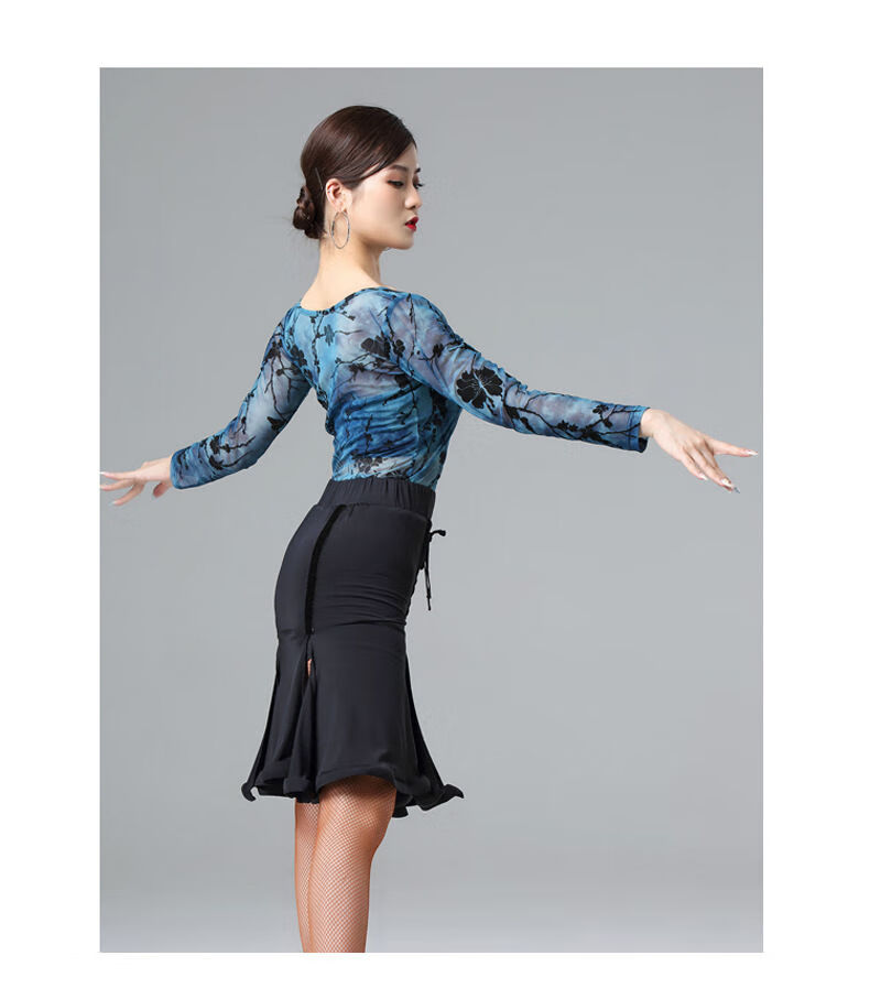 拉丁舞服装女长袖摩登交谊舞跳舞圆领上衣国标舞练功服蓝色上衣m