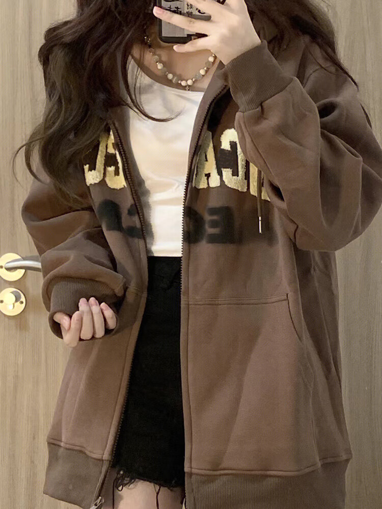 拉夏贝尔外套女美式复古棕色开衫卫衣外套女春秋宽松百搭拉链连帽棒球