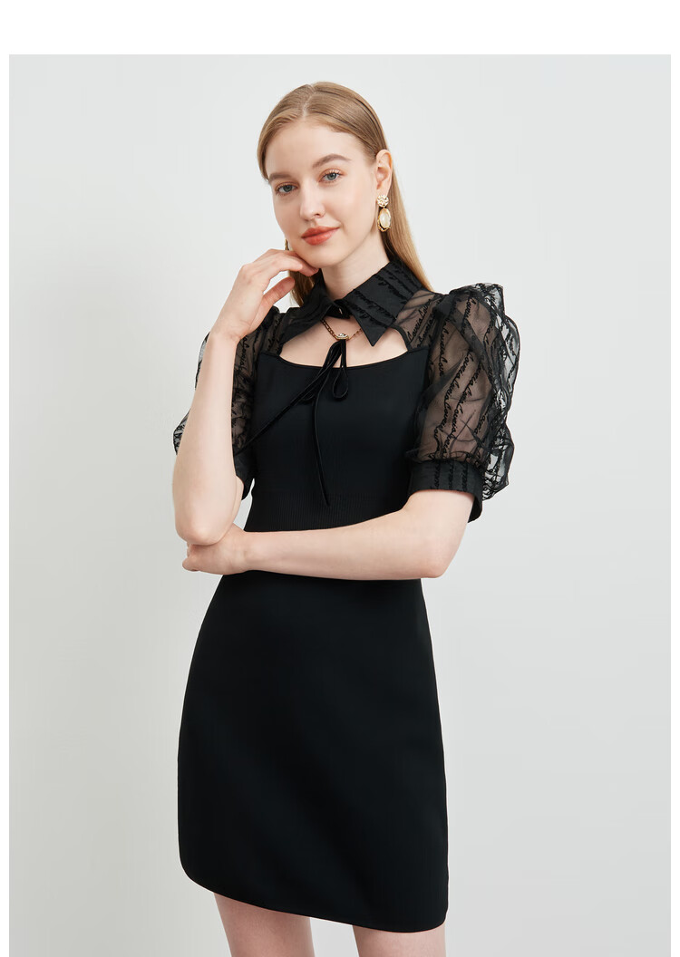 预售30天内发货恩曼琳22春泡泡袖蕾丝收腰针织连衣裙eancaa56a黑色m
