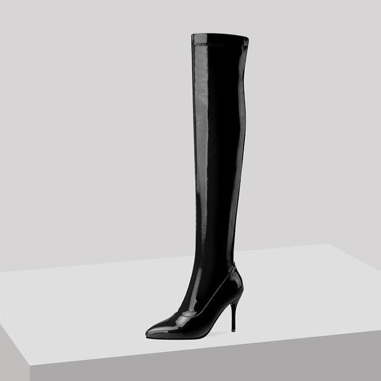 漆皮过膝长靴高跟女网红靴子亮面长筒靴性感大腿靴爵士舞尖头细跟