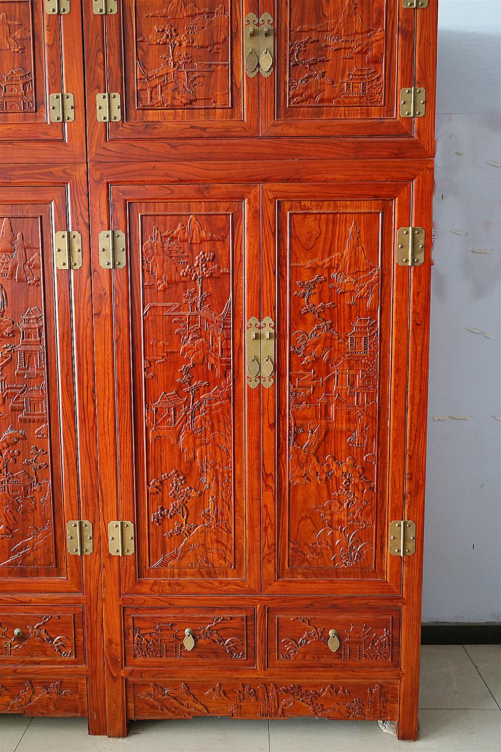 老榆木实木衣柜老榆木大衣柜顶箱柜衣物柜储藏柜明清仿古卯榫雕花家具