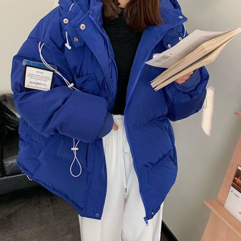 羽绒服女2021年新款韩国短款宽松时尚潮流连帽外套冬克莱因蓝蓝色s90