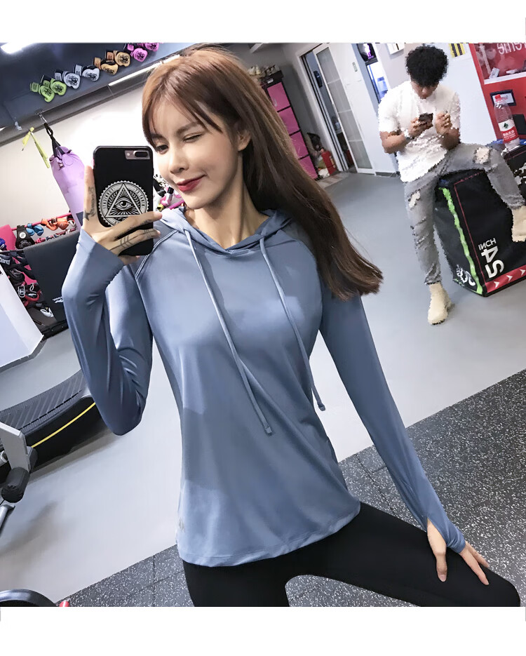 显瘦连帽运动上衣女紧身瑜伽长袖跑步卫衣罩衫健身服春夏蓝色s建议85