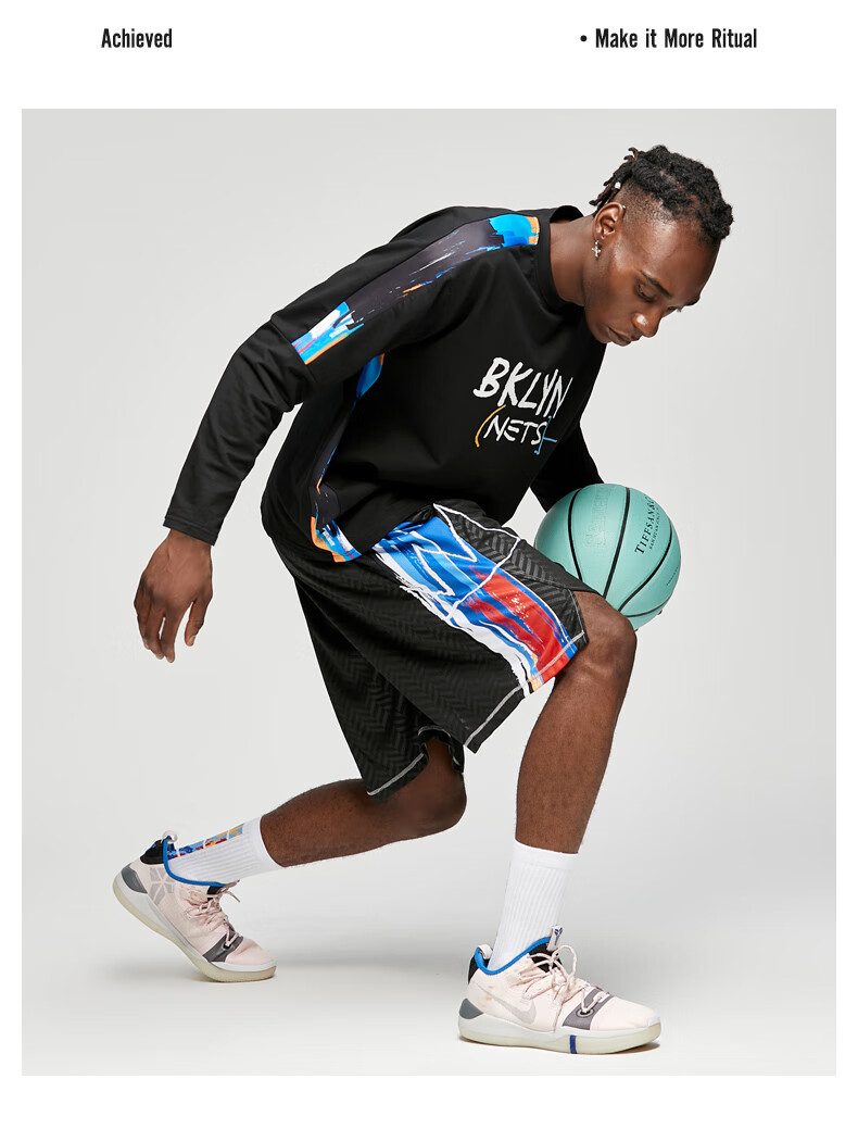 杜兰特运动长袖t恤热身训练服投篮服篮网队长袖投篮服篮网队开扣裤xl