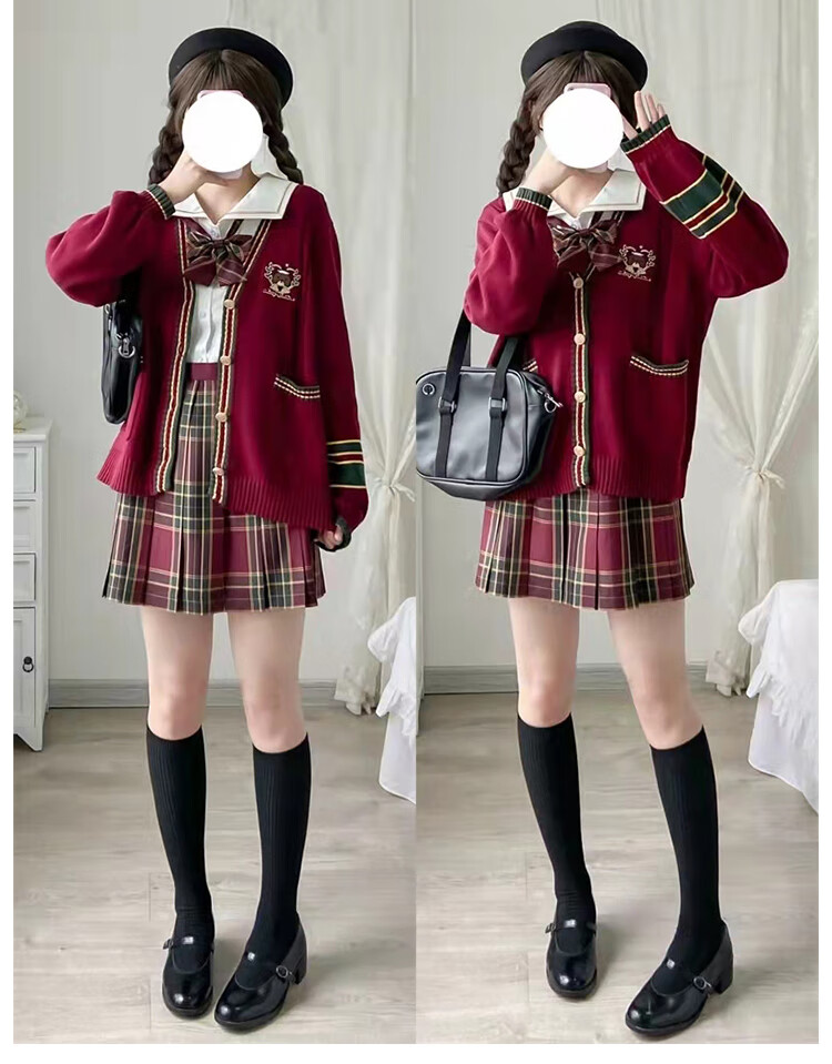艾诺黛冬季原创jk制服毛衣红色格裙山楂树套装针织开衫外套女学生圣诞