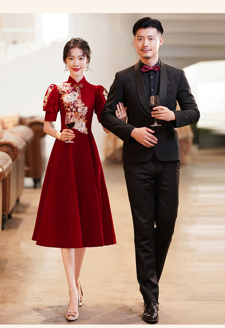 婚服男女配套凤冠霞帔古装婚服情侣敬酒服新娘2022新款酒红色小个子