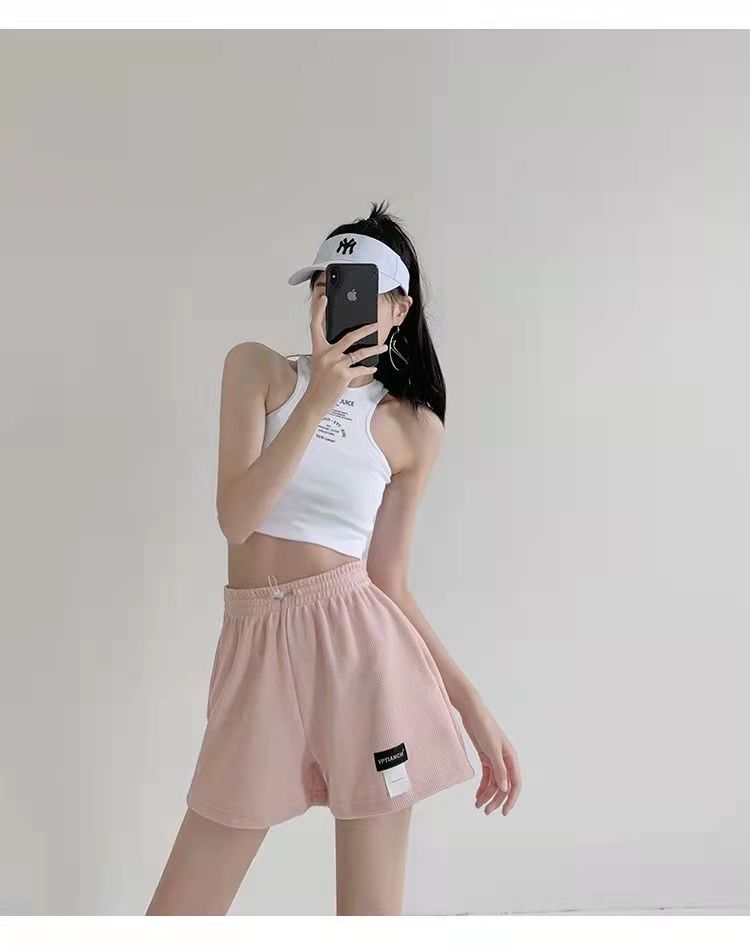 运动短裤华夫格街头辣妹女高腰抽绳显瘦阔腿热裤宽松休闲三分裤杏色华