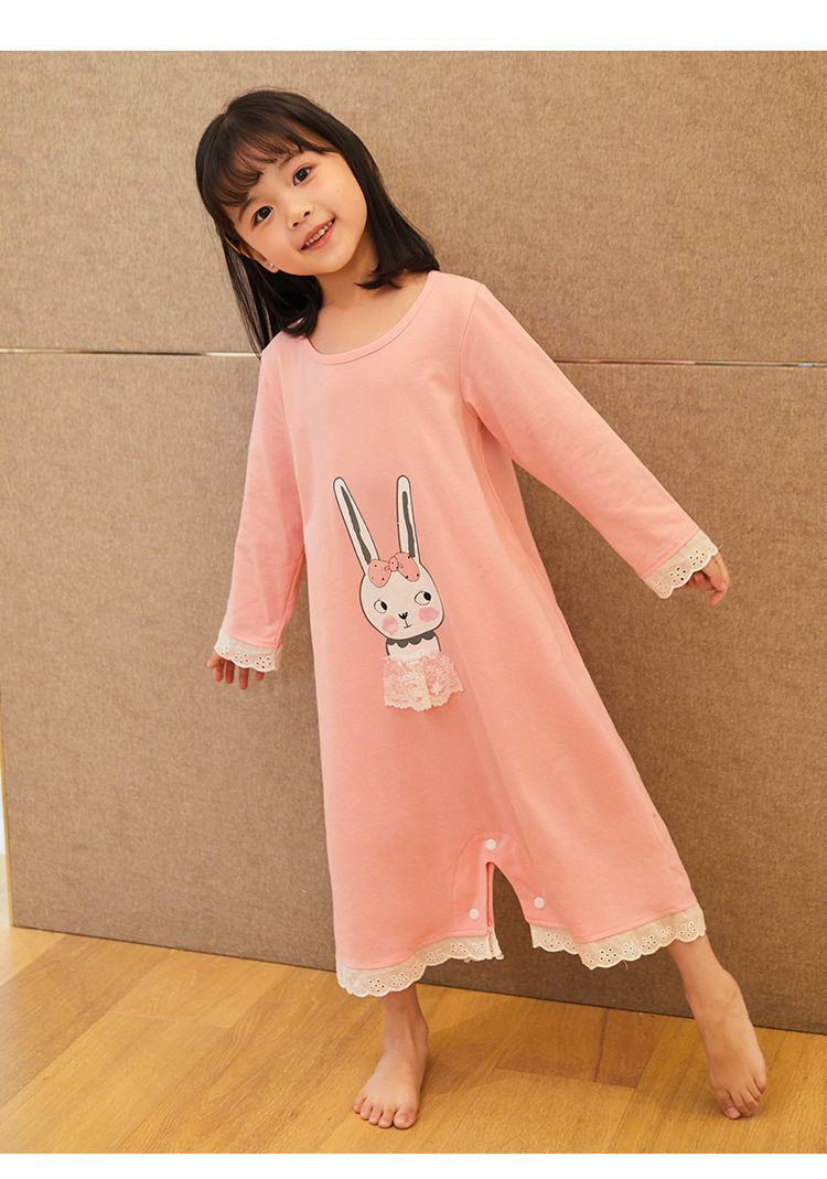 女童睡裙春秋纯棉儿童睡衣秋装中大童宝宝小女孩公主长袖连体睡衣桃色