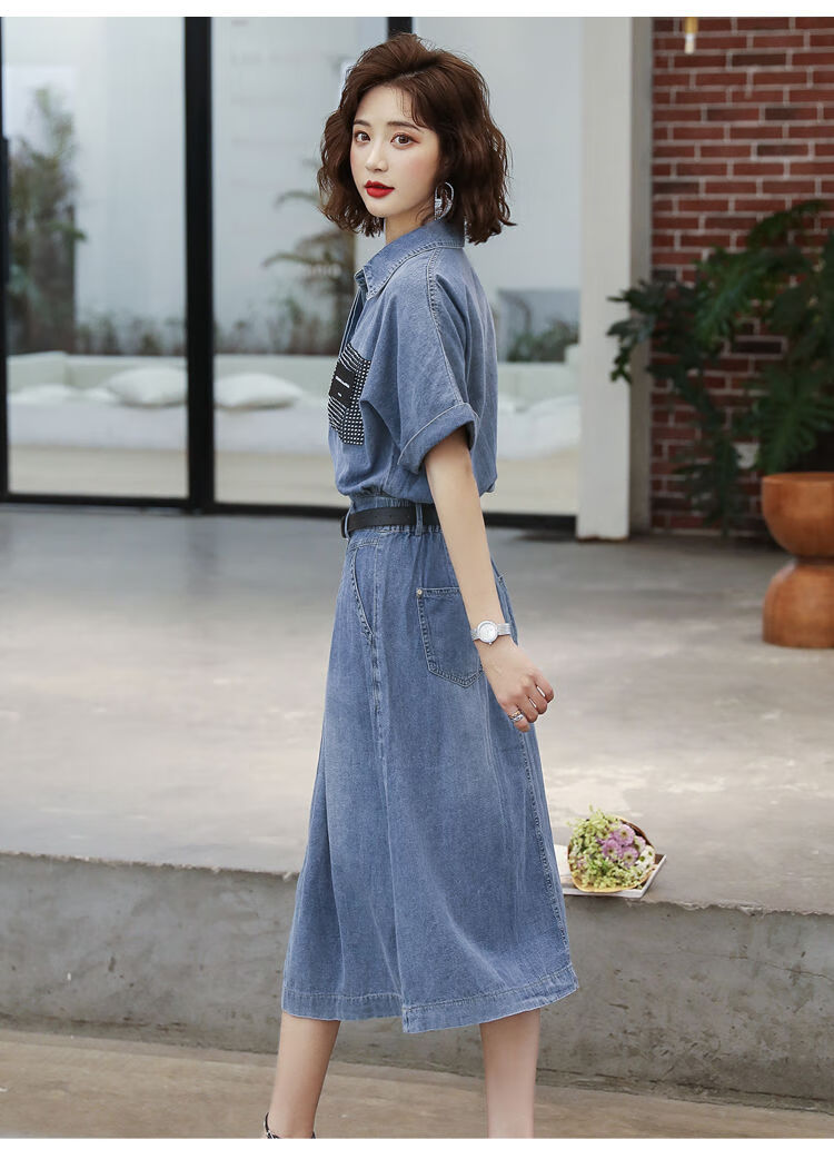 短袖牛仔连衣裙女装新款夏季衣服女士中长款连体裙夏天休闲2021气质