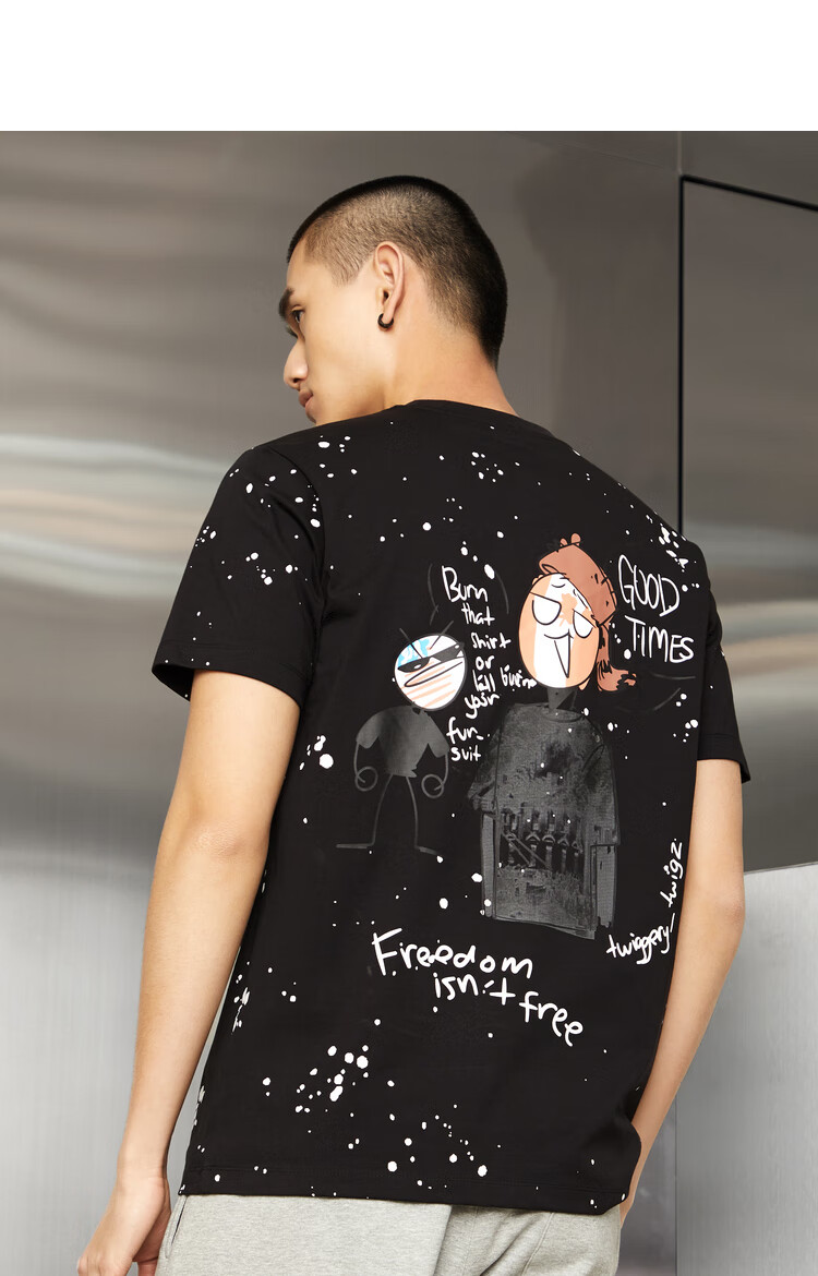 km男装街头hip-hop图案印花 散点泼墨短袖男t恤 嘻哈文化体恤衫 黑色