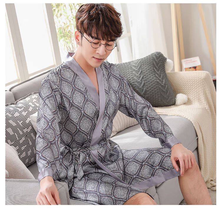 60夏季男款薄款冰丝质短袖睡袍男士加大码浴袍男仿绸和服家居服417