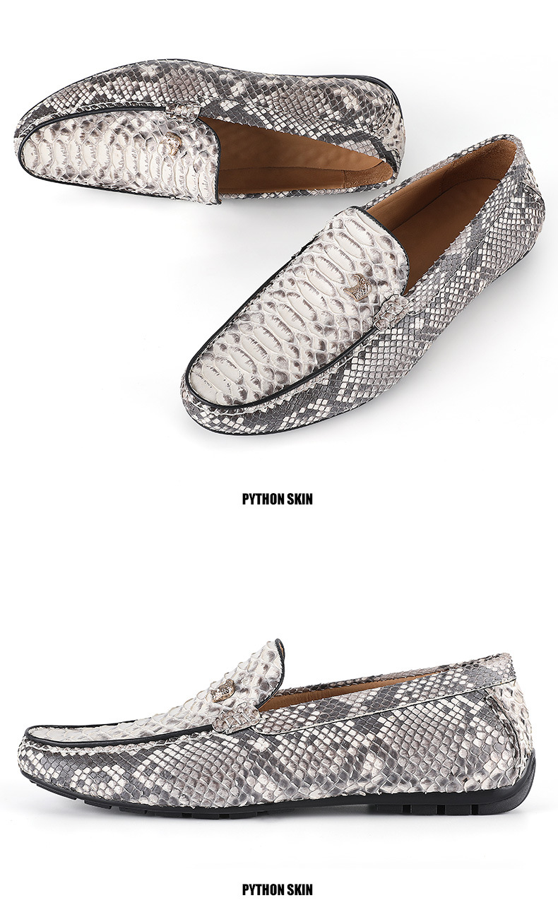 cl蟒蛇皮豆豆鞋男士英伦风休闲一脚蹬套脚皮鞋 白色 39