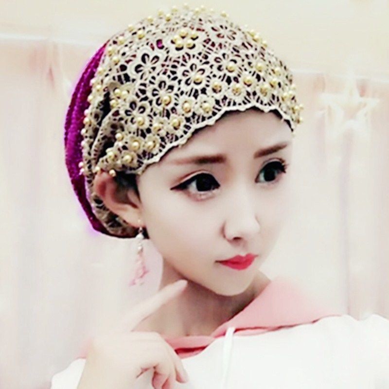 karond新品回族女人的套头纱巾纱巾帽金丝网纱烫金花边方便套头帽子