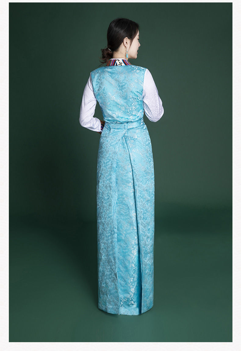 风西藏服装女拉萨旅拍氆氇花边藏袍博拉锅庄舞裙天蓝色s90110斤左右