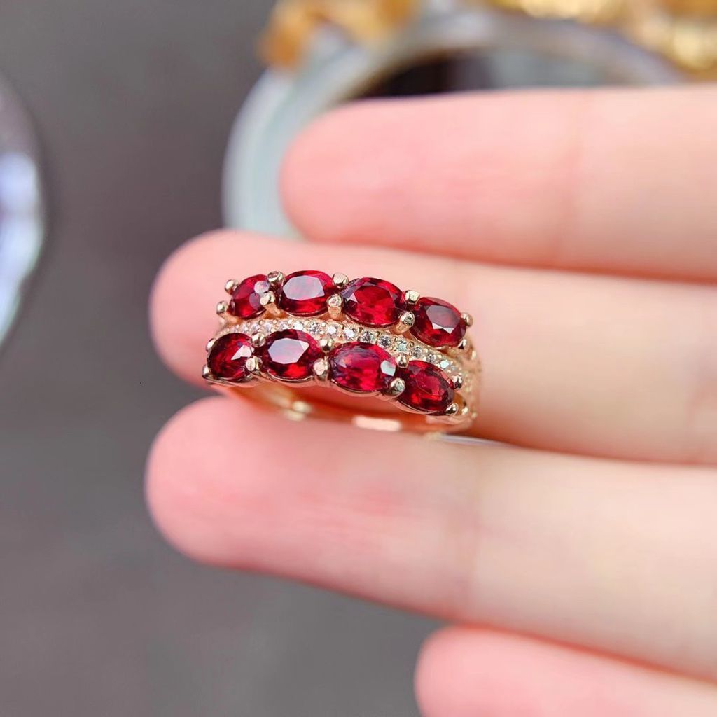 瑶诺佴石榴石戒指s925银红宝石排戒女款时尚简约百搭活口情人节生日