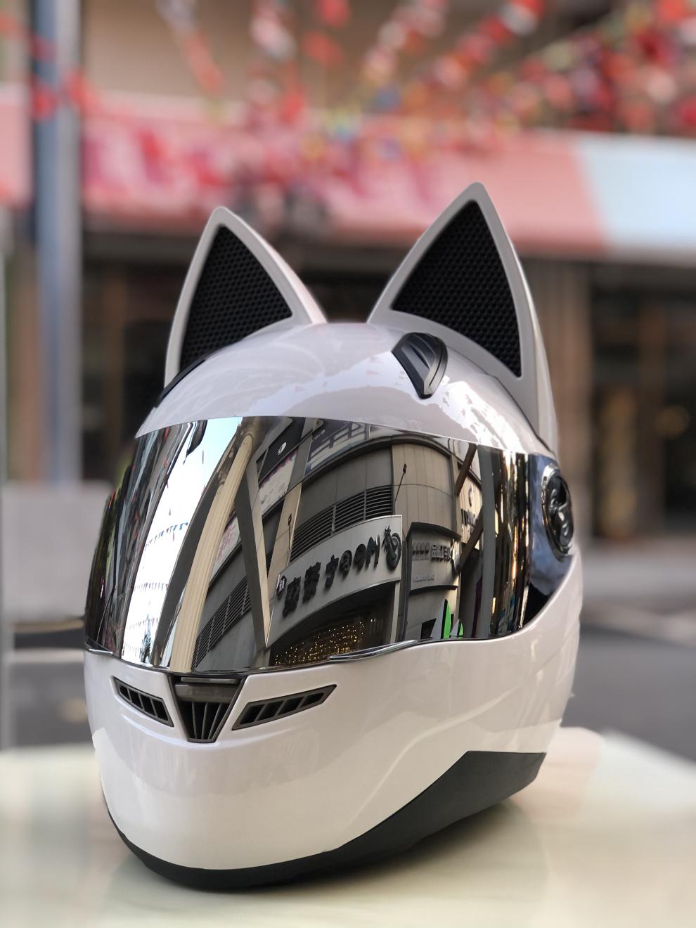 猫兔耳朵摩托车头盔蝴蝶结时尚个性男女士四季通用机车 红白色 l