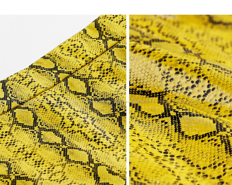 dplay德帕拉新款黄色蟒纹pu皮中长款包臀修身一步裙