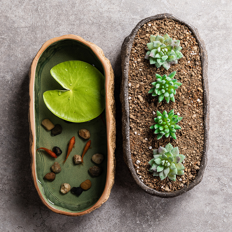 無孔水培銅錢草碗蓮睡蓮花盆陶瓷綠植水養仿石頭多肉養魚缸黑色仿石