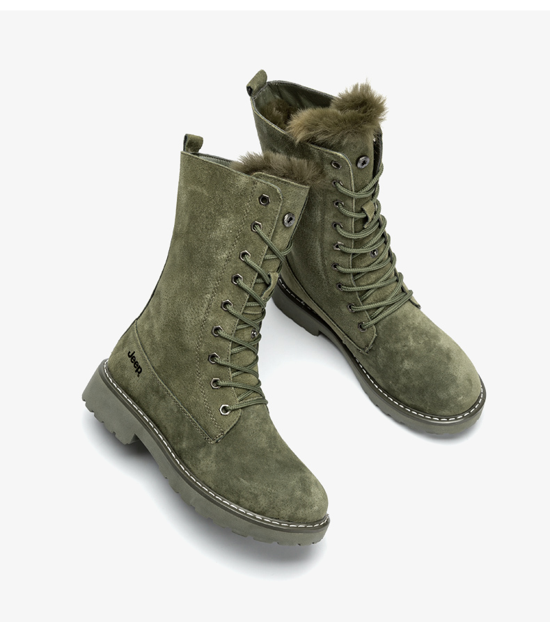 官方旗舰jeep吉普女鞋靴加绒马丁靴女冬季新款保暖真皮中筒靴女士棉靴