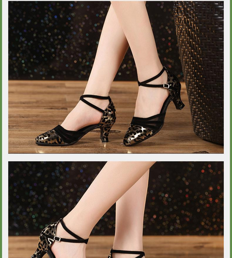 女式舞鞋豹纹舞蹈鞋拉丁舞鞋女士跳舞鞋中跟软底成人摩登舞鞋35cm金色