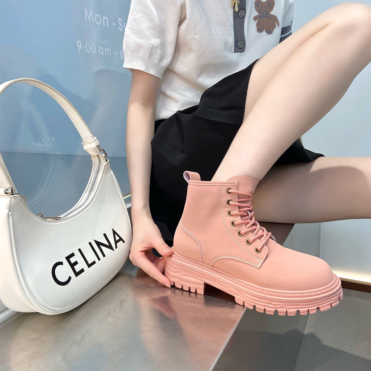 海澜集团旗下海澜优选品牌 英伦风大黄靴粉色马丁靴女秋季炸街复古工