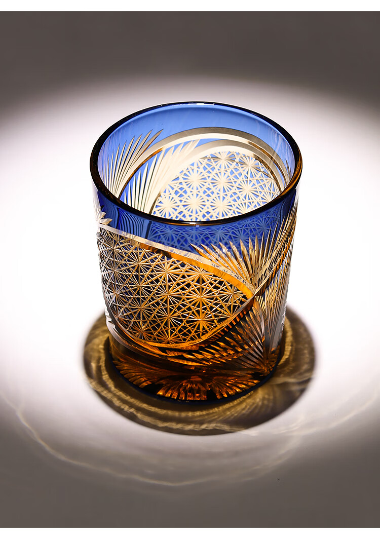 江户切子水晶杯七宝切子手工菊纹玻璃杯酒具 日式雕花琥珀杯 江户切子