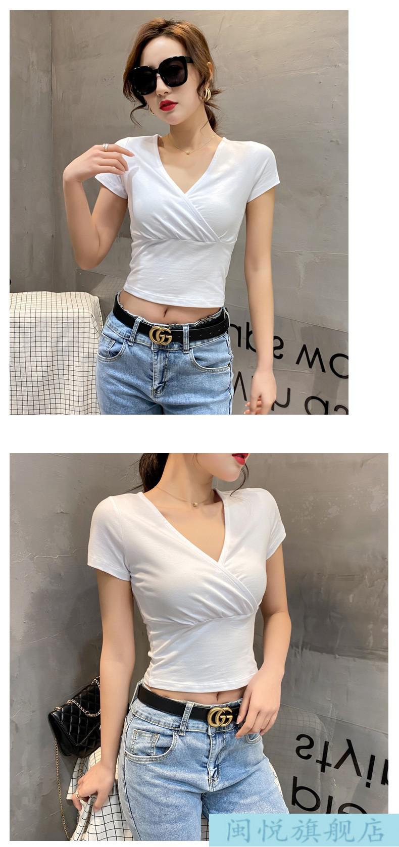 显胸大性感超低胸上衣漏露沟体恤血丅雪衫短款女粉色t恤短袖v领紧身