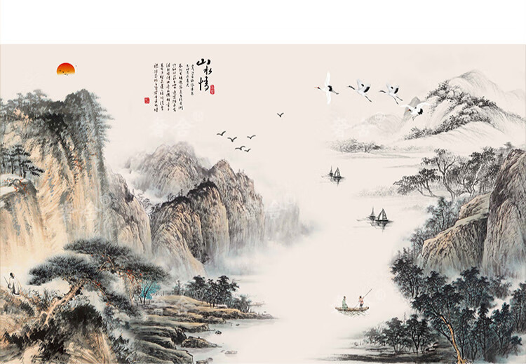 墙画贴纸自粘新中式电视背景墙贴纸3d立体墙画山水8d贴画客厅装饰墙纸