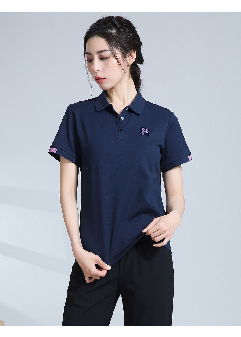 361度运动t恤女2021夏季新款透气翻领polo衫女士休闲短袖 深墨蓝 xl