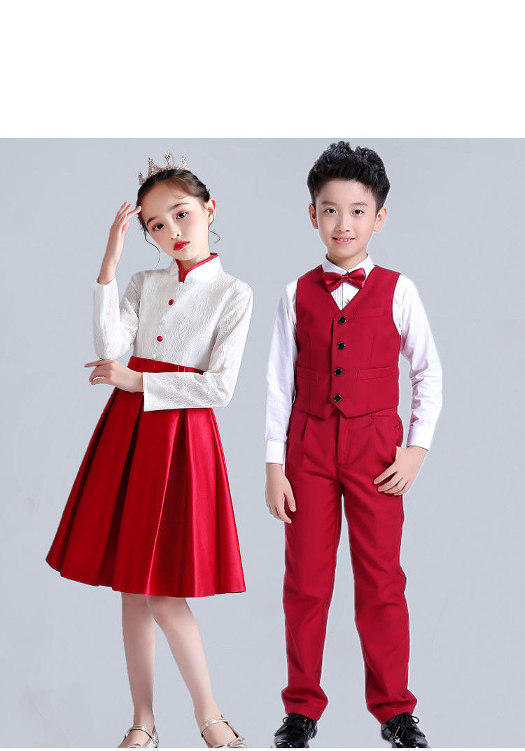 小孩夏季演出服元旦儿童子合唱服大合唱团童小红歌朗诵表演白短袖红