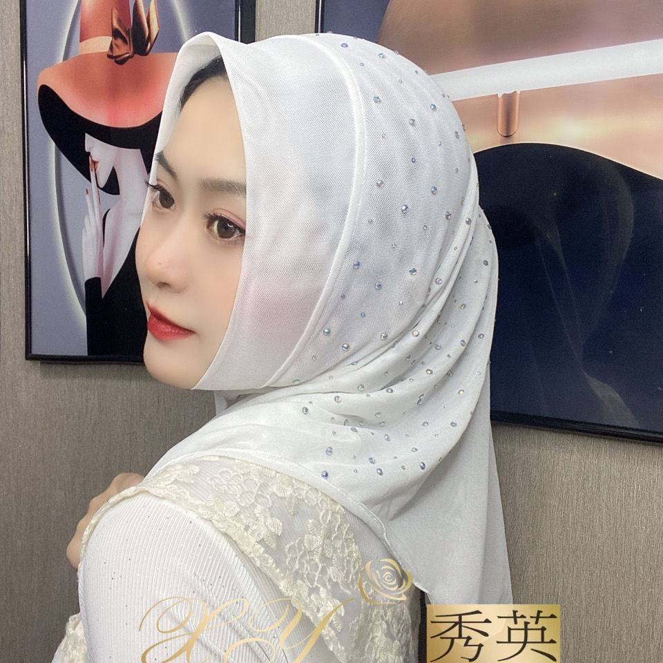 盖头头巾纱巾新款网纱烫钻头巾夏季薄款方便套头回族时尚休闲巾盖头