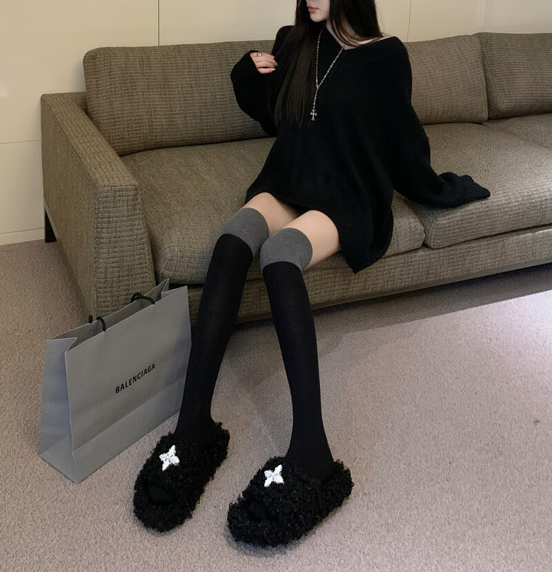 网红袜女长筒袜秋 拼色袜子女秋冬设计感中筒袜网红百搭学生小腿袜