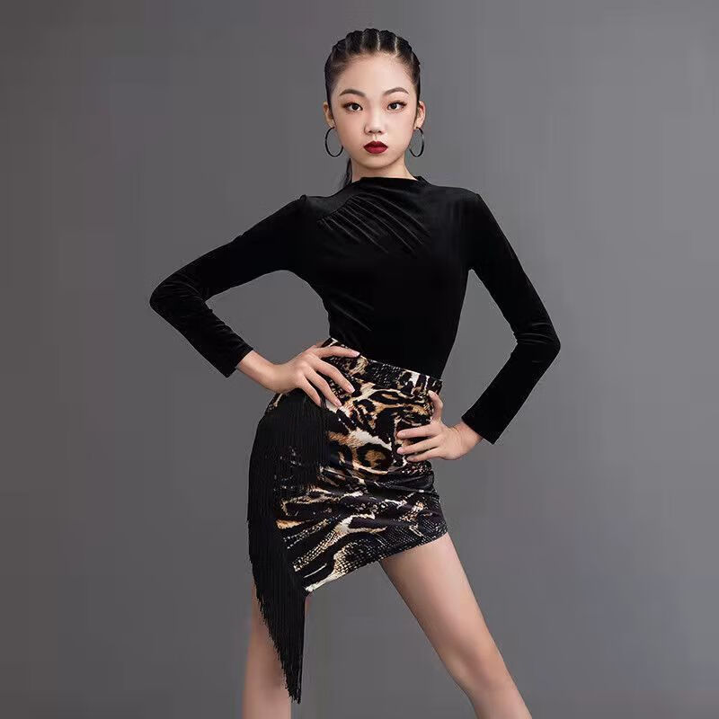贝蒂冬季拉丁舞服装2021年新款学生练功服女儿童黑色豹纹流苏裙舞蹈服