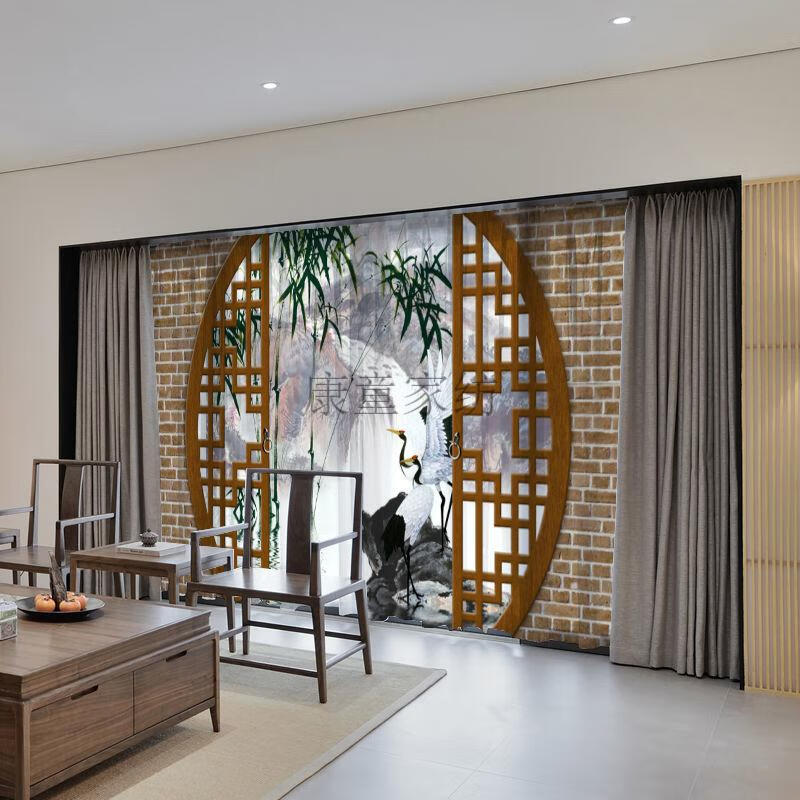 新中式窗纱古典中国墨山水画窗帘客厅卧室茶室书房阳台纱帘图案1定制