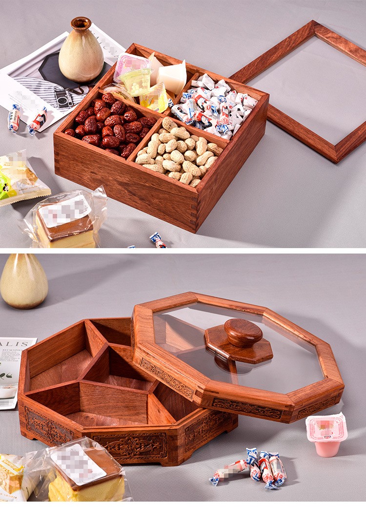 初心如雪实木果盘中式糖果盒客厅家用花梨木干果盒分格带盖创意木质糖