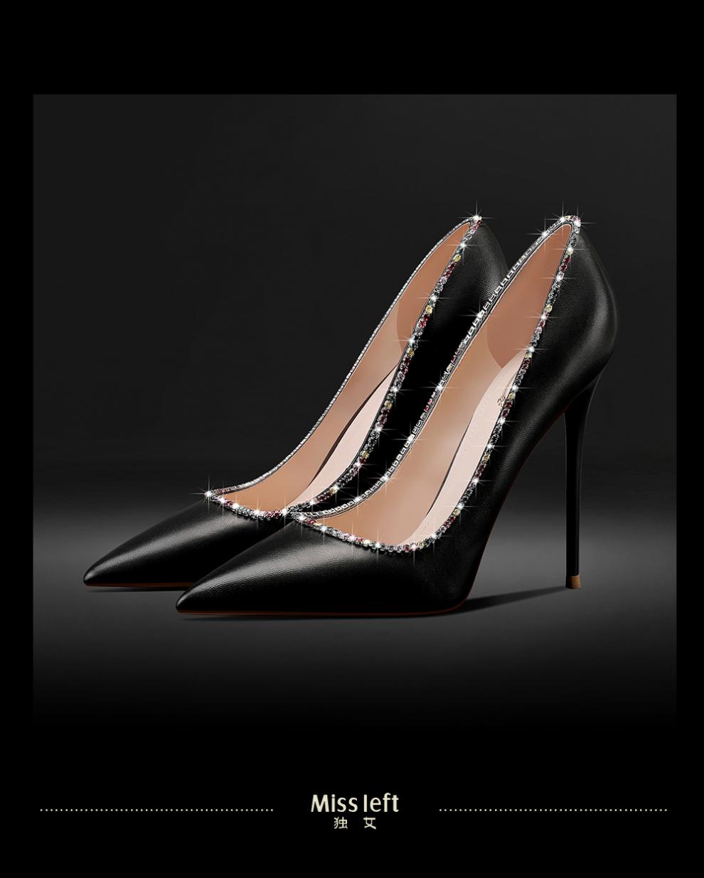 独女锆石黑色高跟鞋女12cm真皮2022年春季新款恨天高尖头细跟单鞋金色