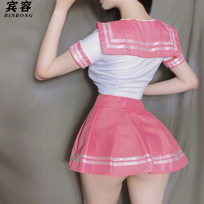 宾容jk制服不良少女小学生装床上免脱水手服小胸女百褶裙 蓝上衣 蓝