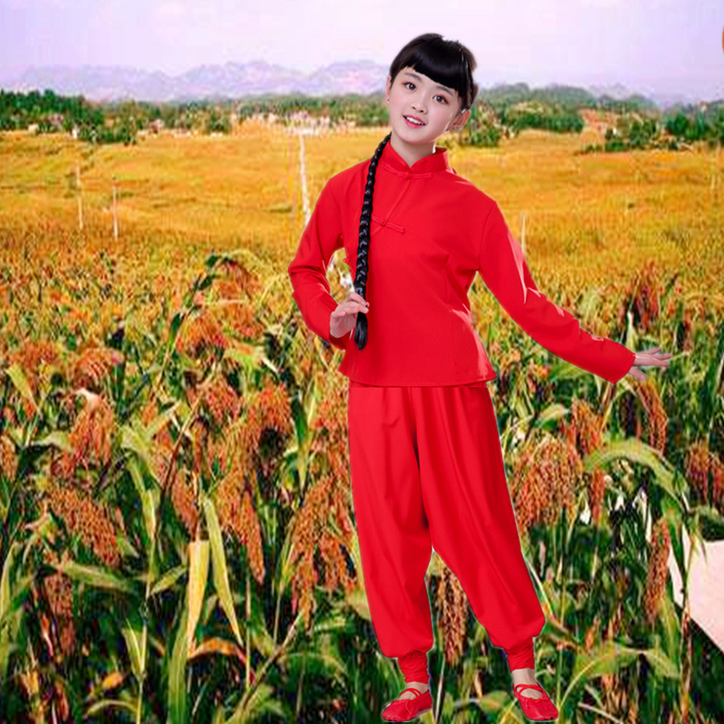 九儿演出服装红高粱衣服风村姑表演服名族古典话剧舞蹈服 长袖直筒裤