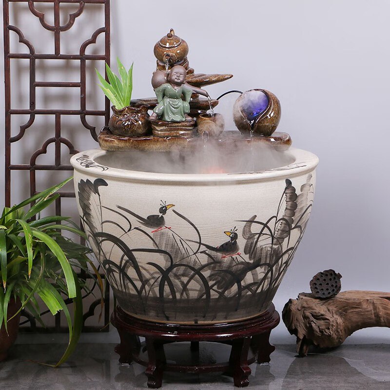 瓷小奴大型陶瓷鱼缸客厅阳台办公室落地家用循环流水摆件庭院大金鱼缸