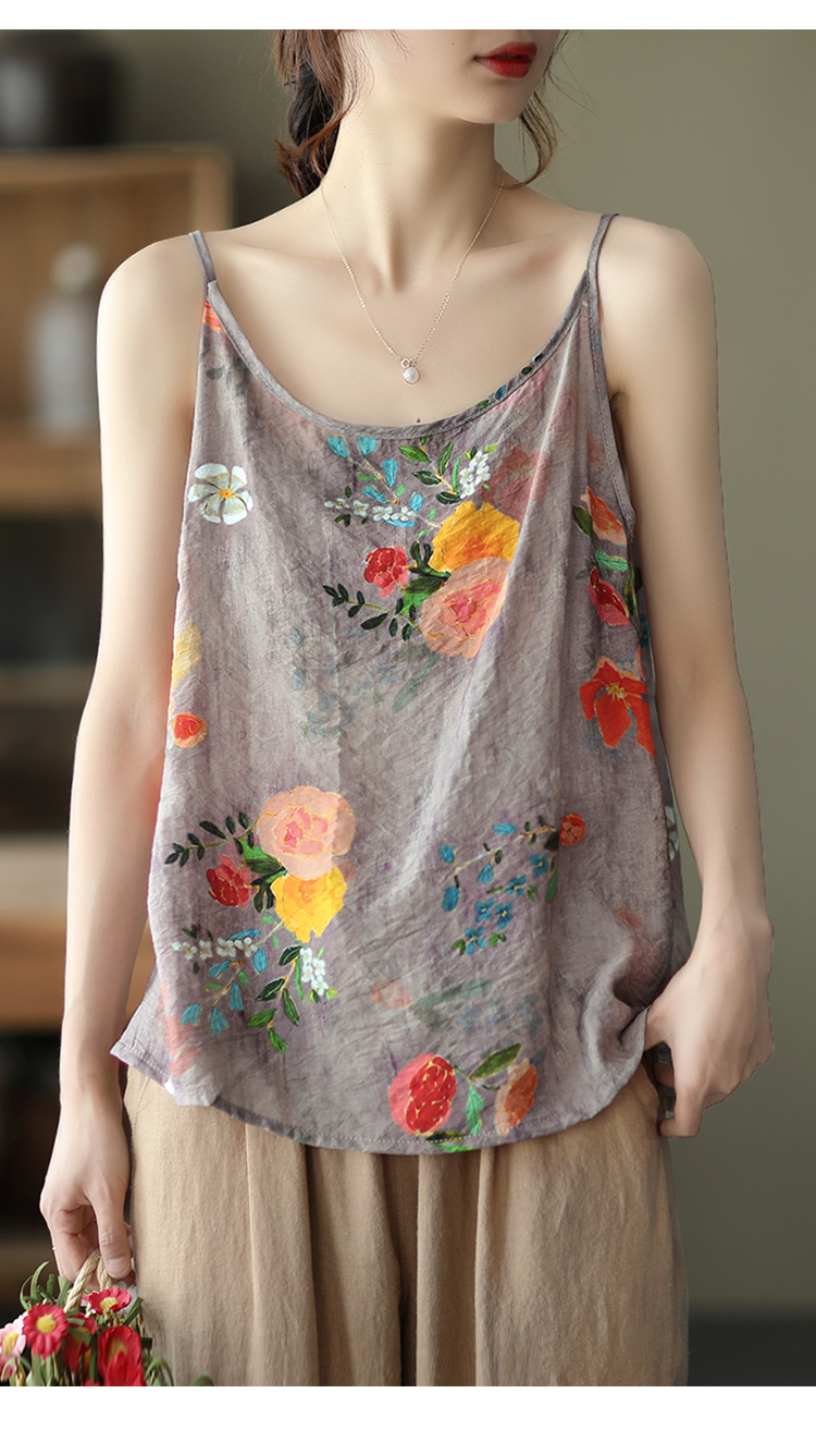 子牧棉麻夏装女复古民族风印花吊带宽松打底上衣外穿内搭小背心0870