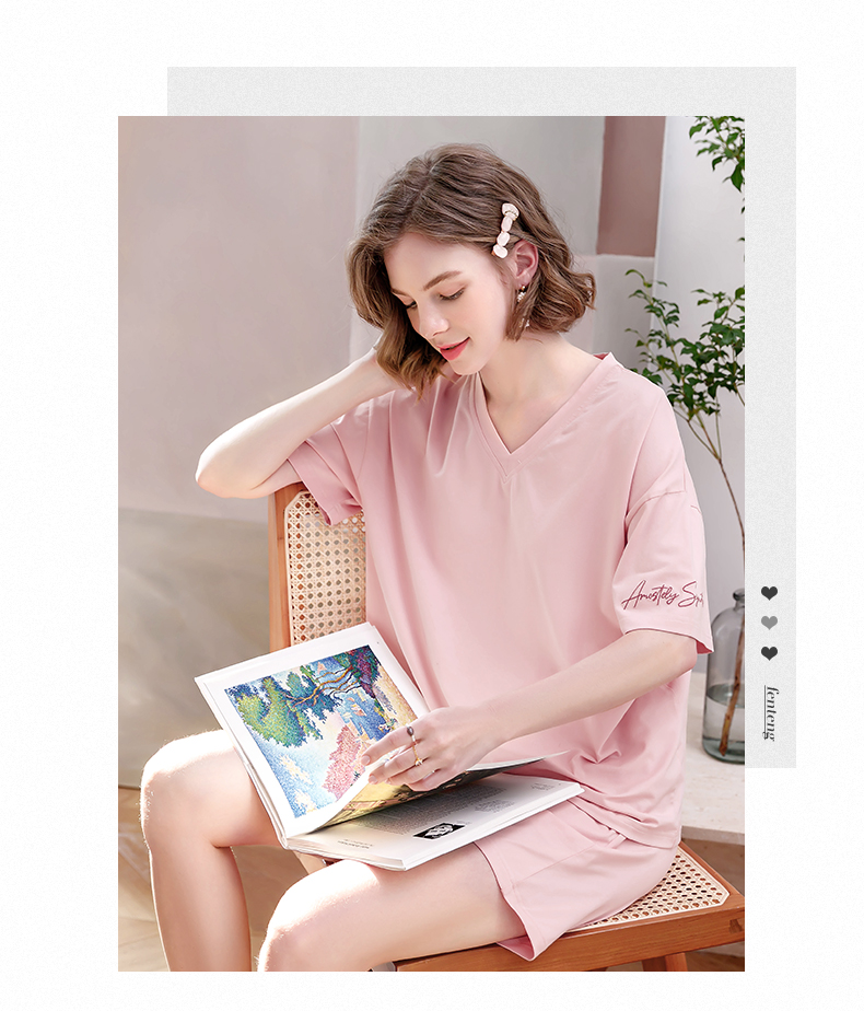 芬腾睡衣女士纯棉夏季新品v领短袖短裤套头衫纯色舒适透气家居服套装