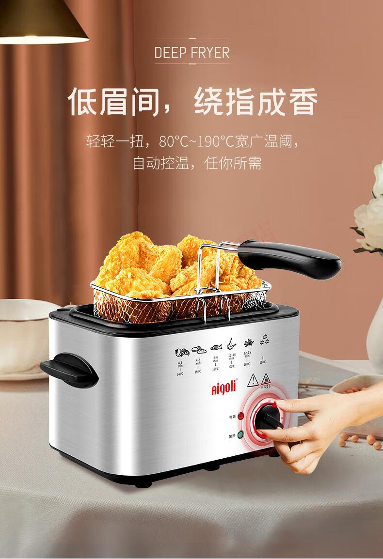 锅家用长方形家用迷你搪瓷内胆不锈钢恒温电炸锅薯条炸鸡油炸锅钢本色