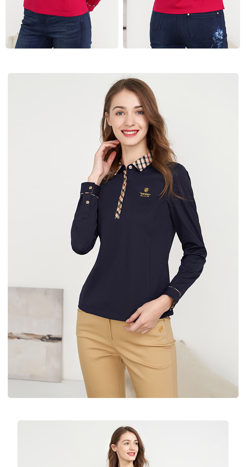 versino/梵思诺女装2020秋季新款女士长袖polo杉舒适t恤上衣 白色00v