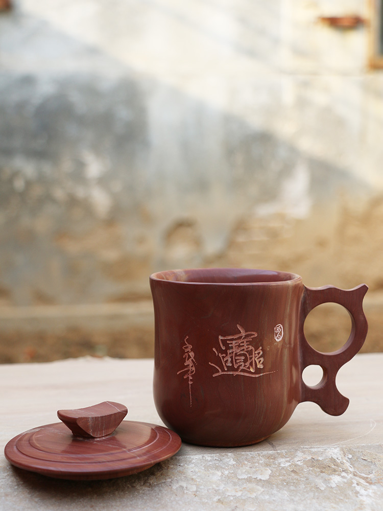 木鱼石水杯御工坊天然木鱼石茶杯原石水杯石头杯子泡茶具麦饭石杯中式