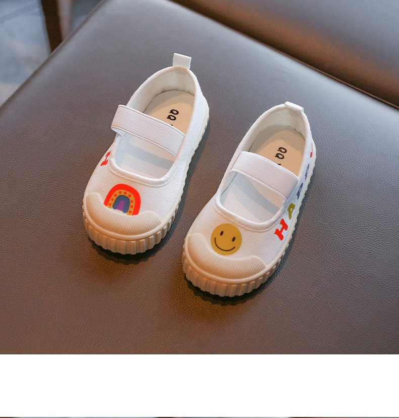 幼儿园室内小白鞋夏季薄款儿童鞋子一脚蹬帆布鞋小童宝宝女童布鞋笑脸