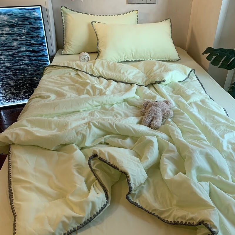 空调被亲肤夏被四件套亲肤水洗棉单双人夏凉薄被子 贝壳夏被-山茶绿