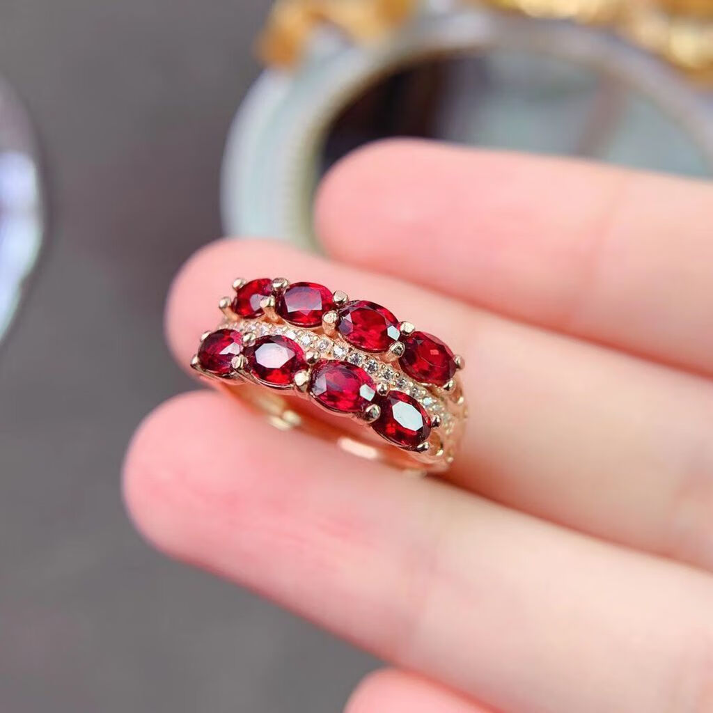 瑶诺佴石榴石戒指s925银红宝石排戒女款时尚简约百搭活口情人节生日