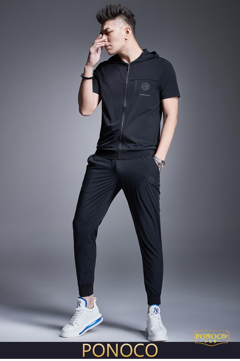 co)轻奢品牌运动套装男夏季新品时尚连帽鹰头拉链开衫两件套 黑色 xl